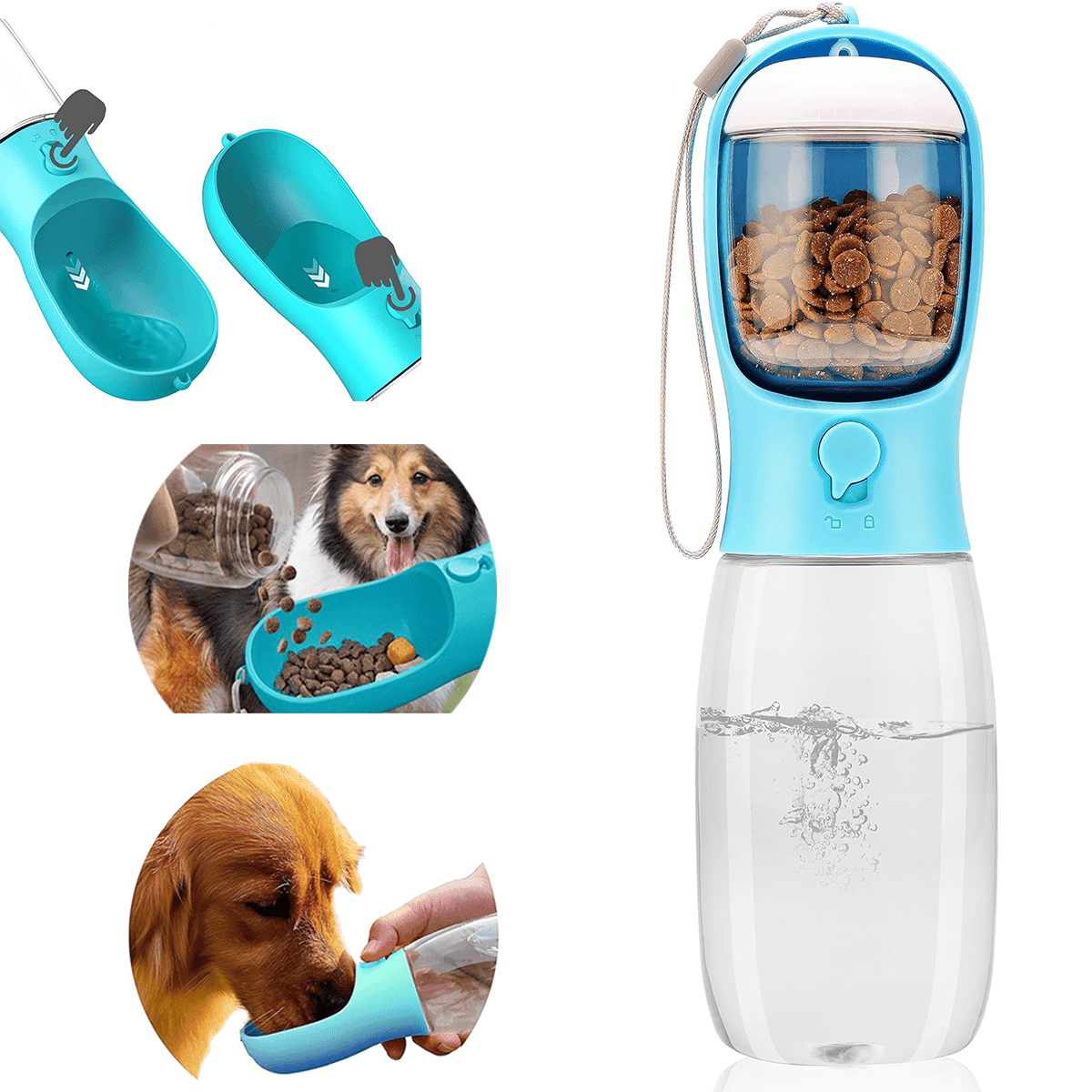Portable 19oz dog water bottle with food container in blue - travel pet water dispenser