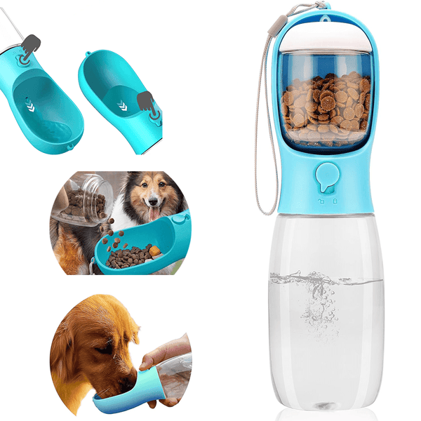 Portable 19oz dog water bottle with food container in blue - travel pet water dispenser