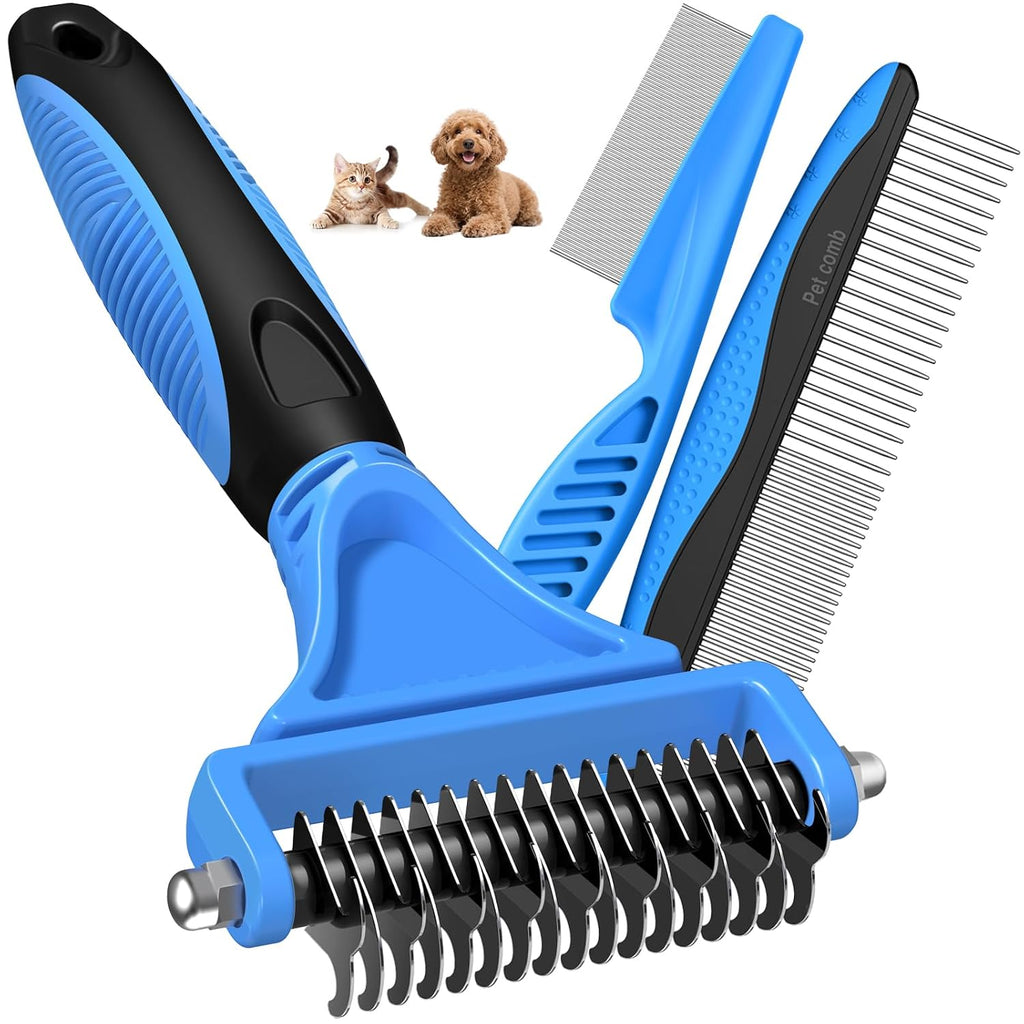 3-in-1 Pet Grooming Kit – Deshedding Rake, Detangling Comb & Flea Comb for Dogs & Cats (Blue)