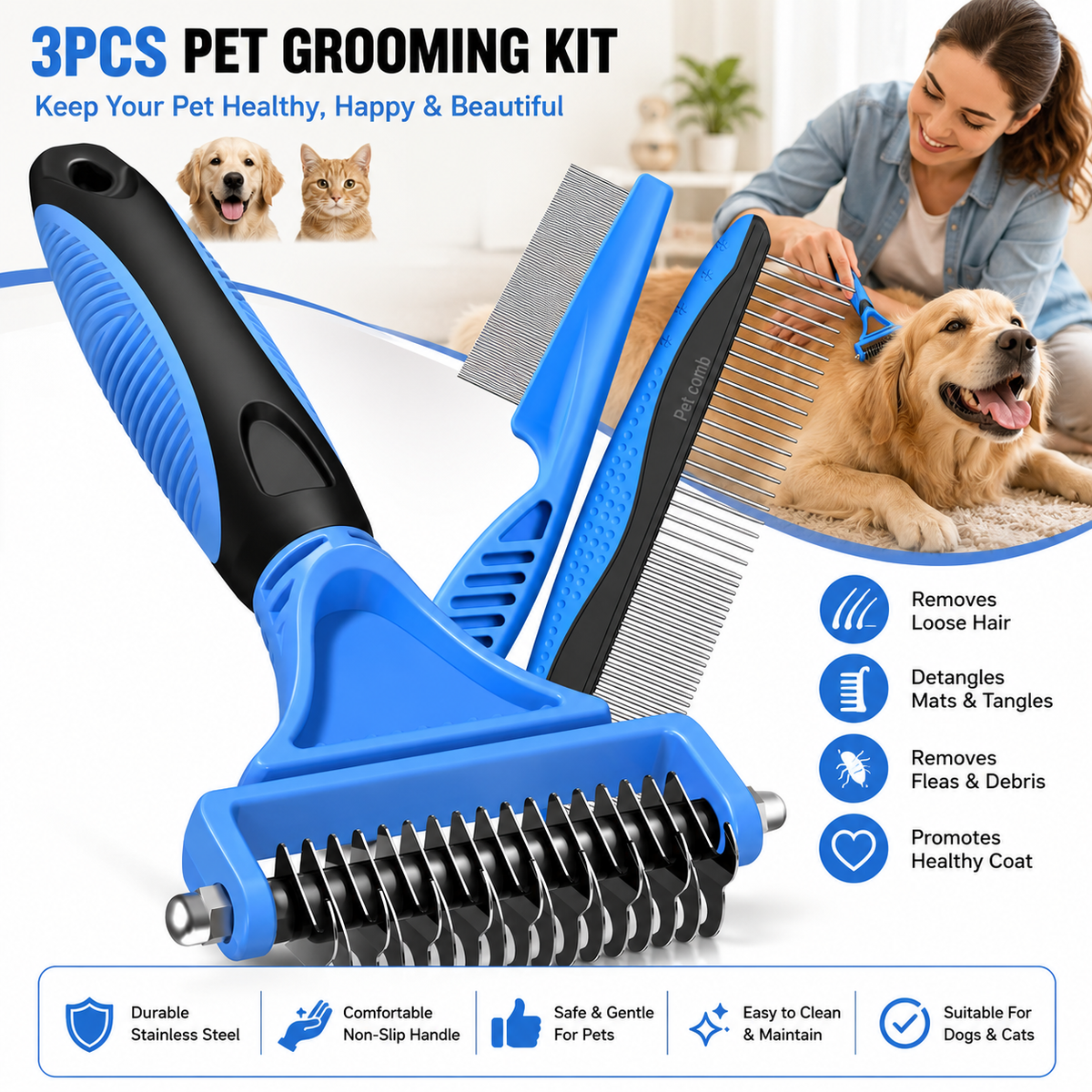 3-in-1 Pet Grooming Kit – Deshedding Rake, Detangling Comb & Flea Comb for Dogs & Cats (Blue)