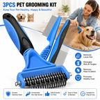 3-in-1 Pet Grooming Kit – Deshedding Rake, Detangling Comb & Flea Comb for Dogs & Cats (Blue)