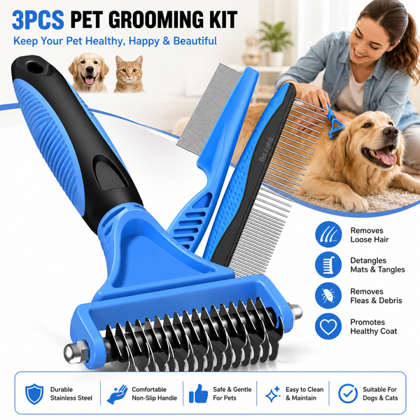 3-in-1 Pet Grooming Kit – Deshedding Rake, Detangling Comb & Flea Comb for Dogs & Cats (Blue)