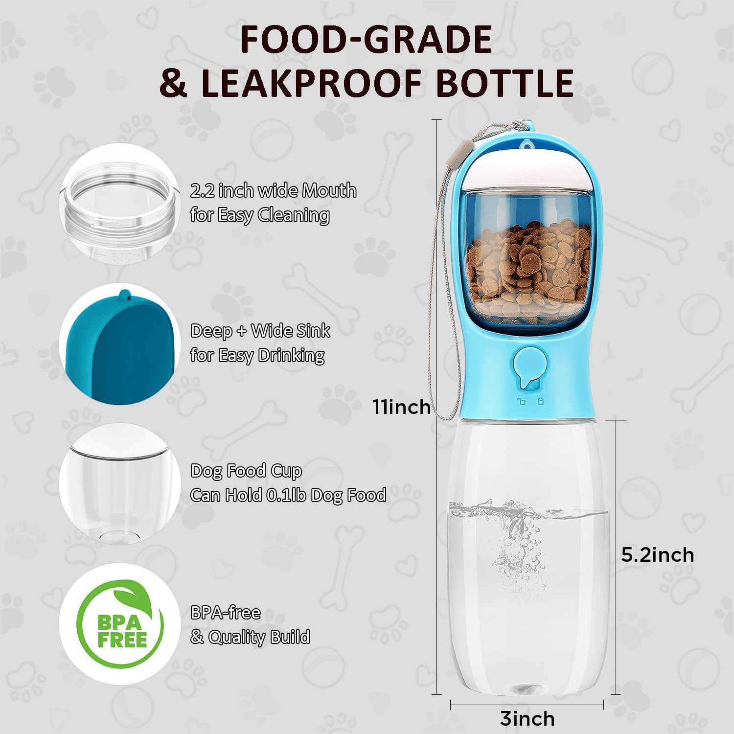 Food-grade BPA-free dog travel water bottle with detachable snack compartment