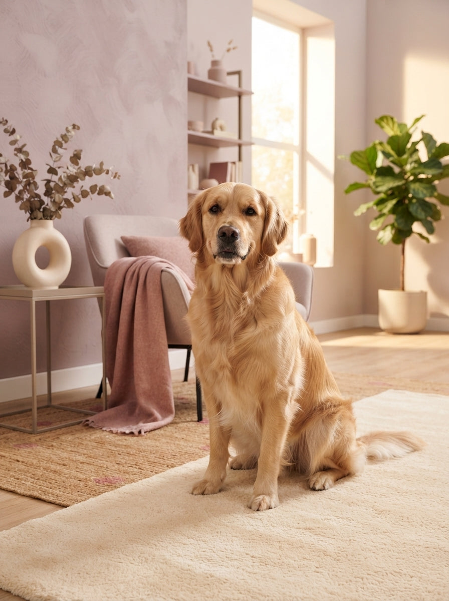 A healthy, active golden retriever resting on a cream-colored rug in a bright, modern living room with soft rose and mauve ac