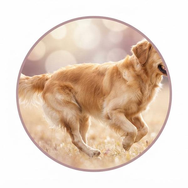 A happy golden retriever running through a field to illustrate healthy, active joints and mobility.