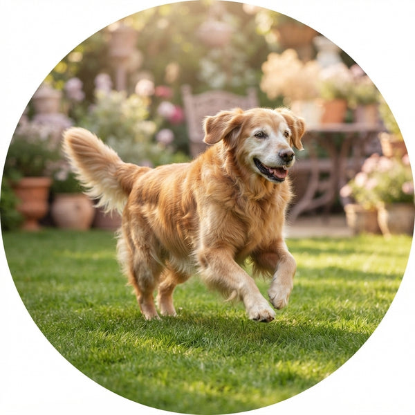 A happy senior golden retriever running through a park, representing improved mobility and comfort.